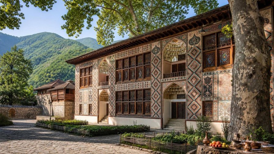 KI-generierte Illustration einer verzierten Palastfassade mit Innenhof und bewaldeten Bergen