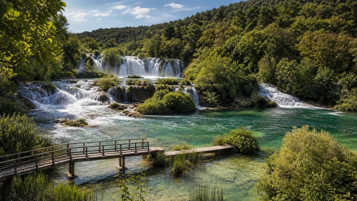 Wasserfälle und Holzsteg im Nationalpark Krka