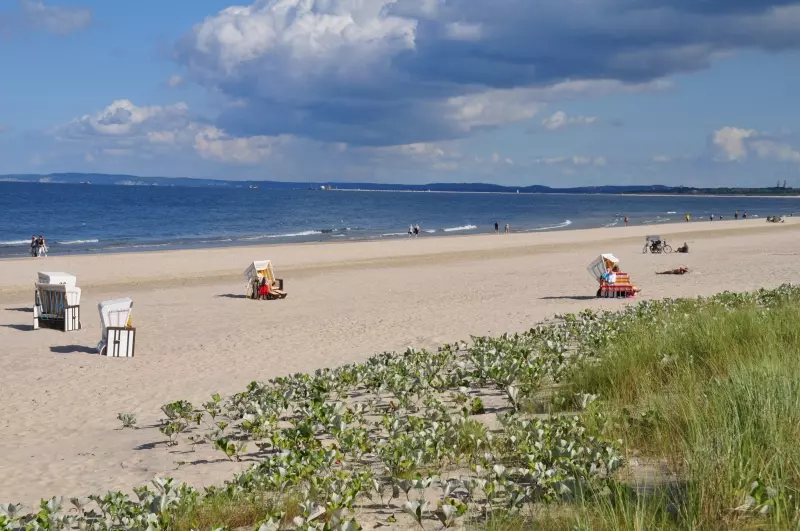 Breiter Sandstrand mit Dünen und Strandkörben an der Ostsee