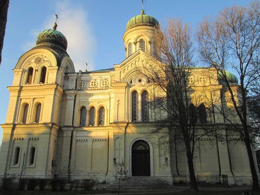 A view of the south facade and the central dome of Saint Demetrius Cathedral in the city of Vidin